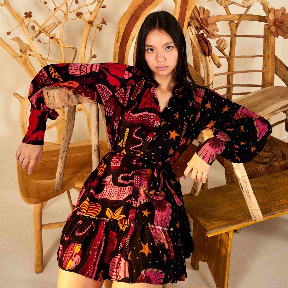 FARM RIO MIXED BLACK PRINTS MINI DRESS